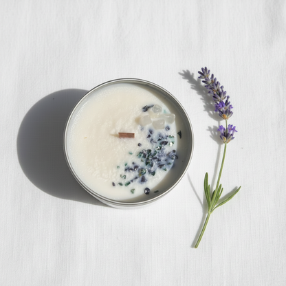 Bougie rituelle Quartz Clair AIR vue du dessus avec lavande