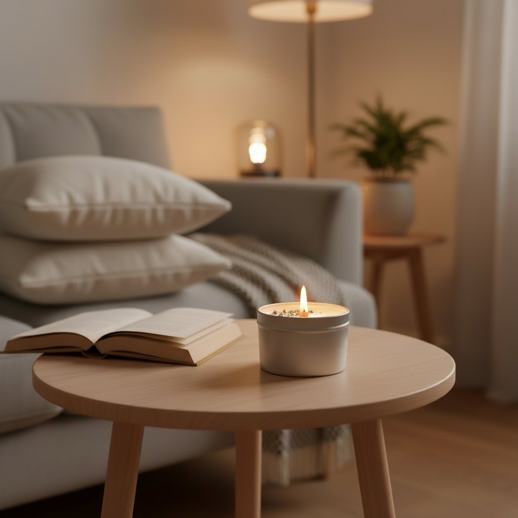 Bougie rituelle Quartz Clair AIR allumée en ambiance salon